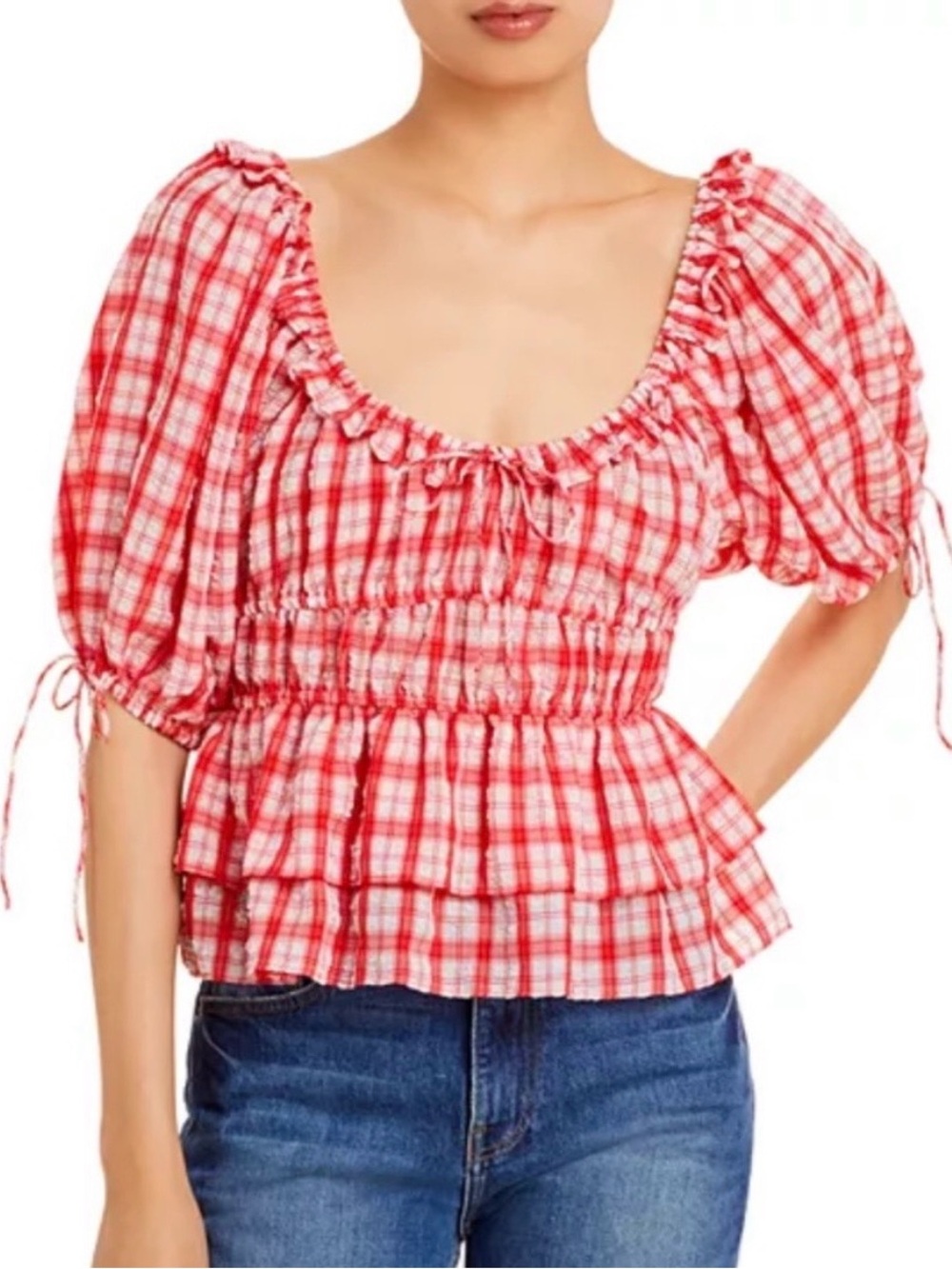 NWT En Saison Red Plaid Puff-Sleeve Top - Women